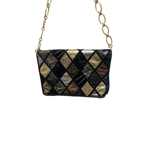 I. Magnum Vintage Leather Bag Suede Patch Work Italy Black Gold Silver Bronze - Picture 5 of 8